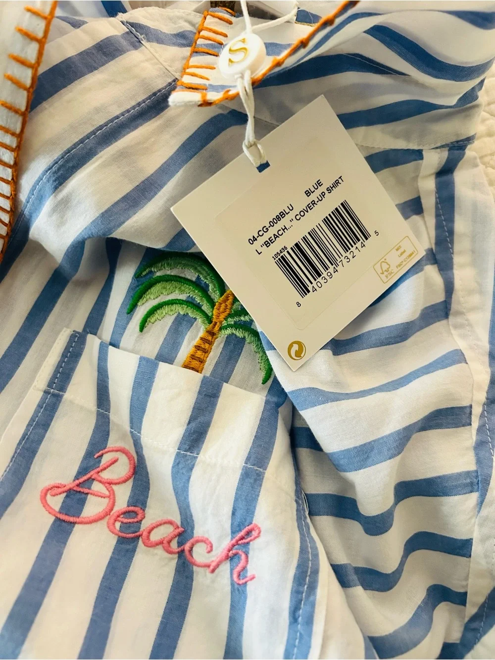 Shiraleah Blue & White Striped beach Shirt Dress with Embroidery large